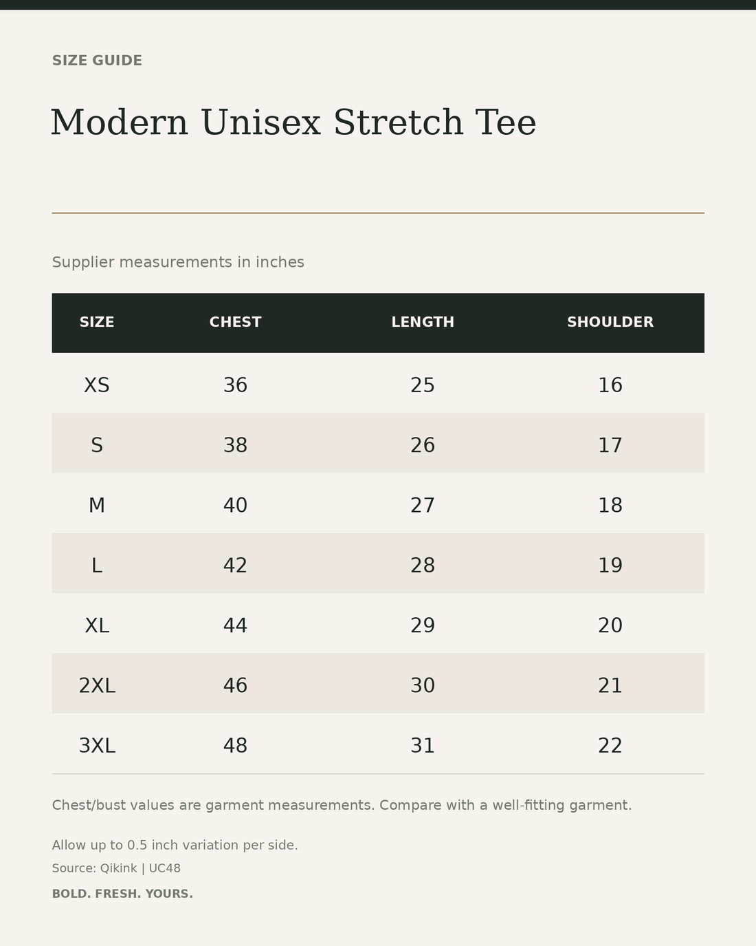 Modern Unisex Stretch Tee – Sharp Fit Minimalist T-Shirt — size guide in inches from official Qikink garment chart