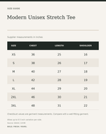 Modern Unisex Stretch Tee – Sharp Fit Minimalist T-Shirt — size guide in inches from official Qikink garment chart