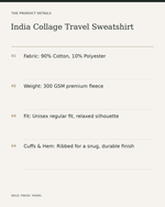 India Collage Travel Sweatshirt – Vintage Postcard Unisex Streetwear — product details, fabric, fit and care
