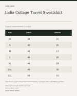 India Collage Travel Sweatshirt – Vintage Postcard Unisex Streetwear — size guide in inches from official Qikink garment chart