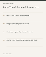 India Travel Postcard Sweatshirt – Retro Graphic Unisex Streetwear — product details, fabric, fit and care