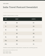India Travel Postcard Sweatshirt – Retro Graphic Unisex Streetwear — size guide in inches from official Qikink garment chart