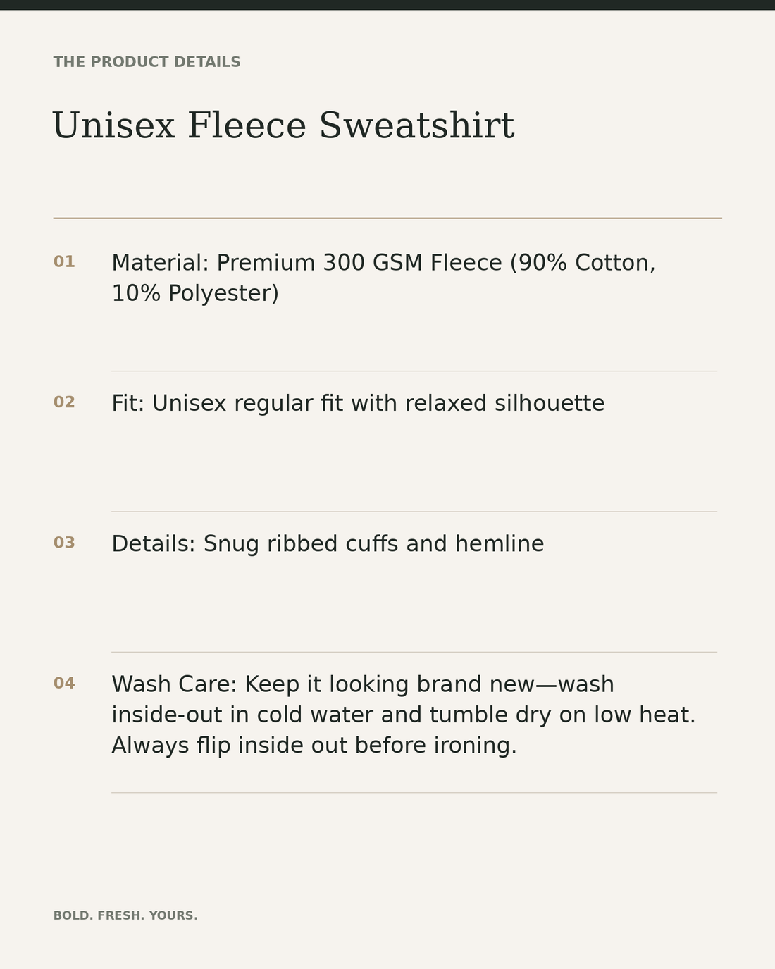 Unisex Fleece Sweatshirt — product details, fabric, fit and care