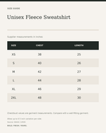 Unisex Fleece Sweatshirt — size guide in inches from official Qikink garment chart