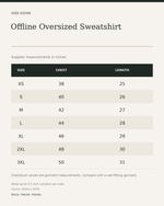 Offline Oversized Sweatshirt – Graphic Print Unisex Streetwear — size guide in inches from official Qikink garment chart