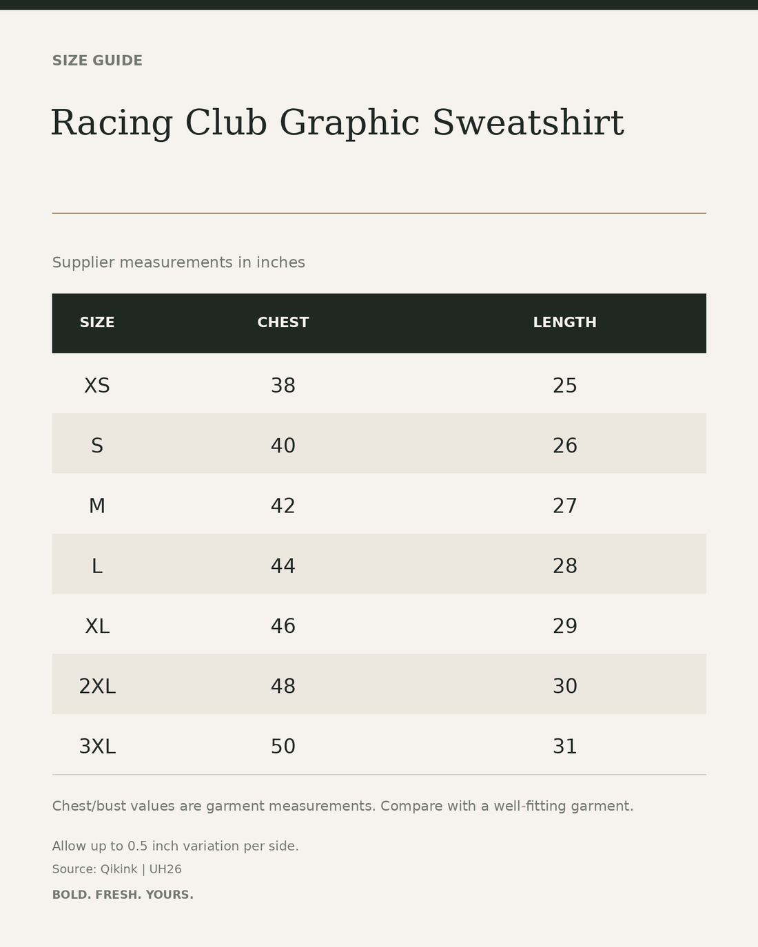 Racing Club Graphic Sweatshirt – Vintage Motorsport Print Unisex — size guide in inches from official Qikink garment chart
