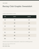 Racing Club Graphic Sweatshirt – Vintage Motorsport Print Unisex — size guide in inches from official Qikink garment chart