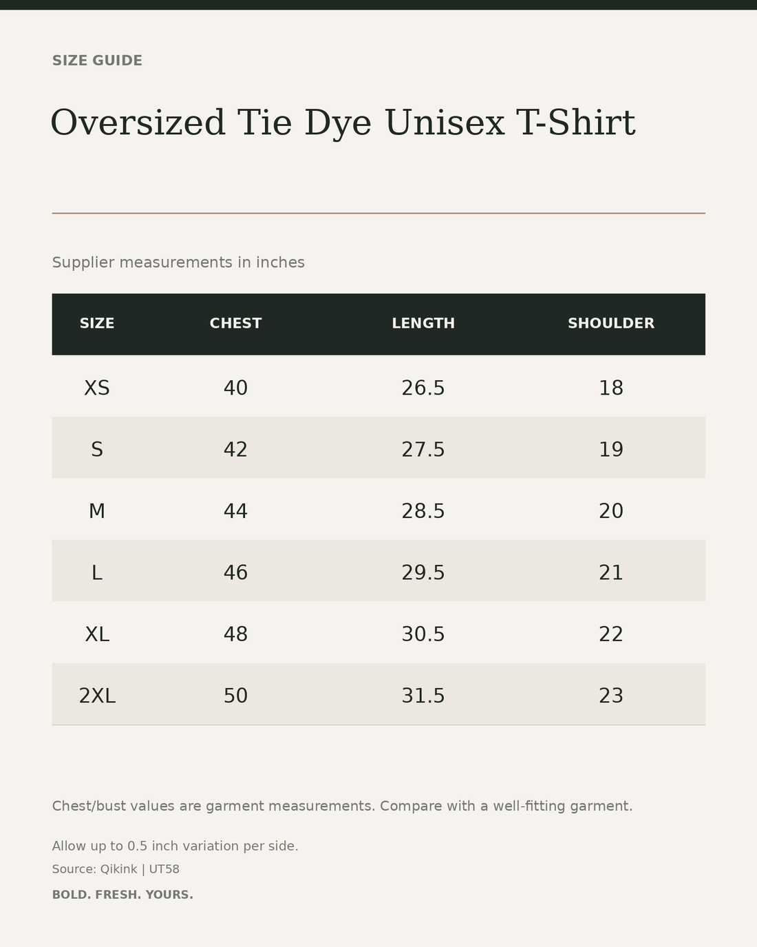 Oversized Tie Dye Unisex T-Shirt — size guide in inches from official Qikink garment chart