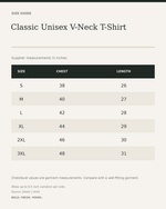 Classic Unisex V-Neck T-Shirt – Ultra-Soft Everyday Casual Tee — size guide in inches from official Qikink garment chart