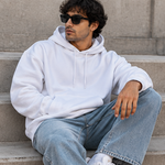 White heavyweight cotton fleece hoodie lifestyle