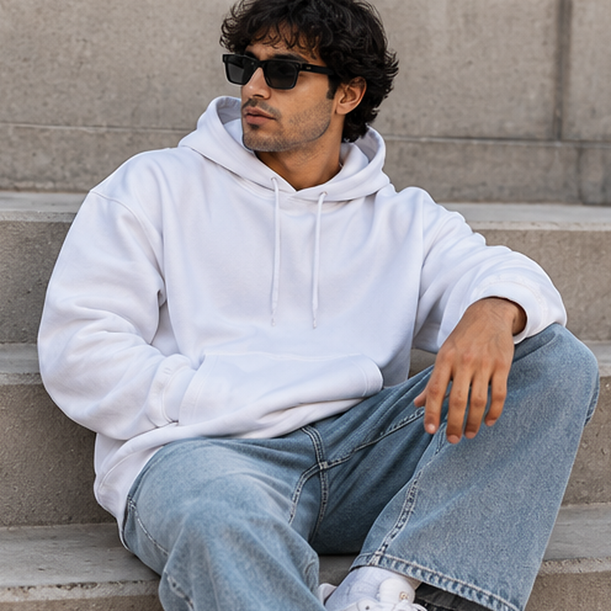 White heavyweight cotton fleece hoodie lifestyle