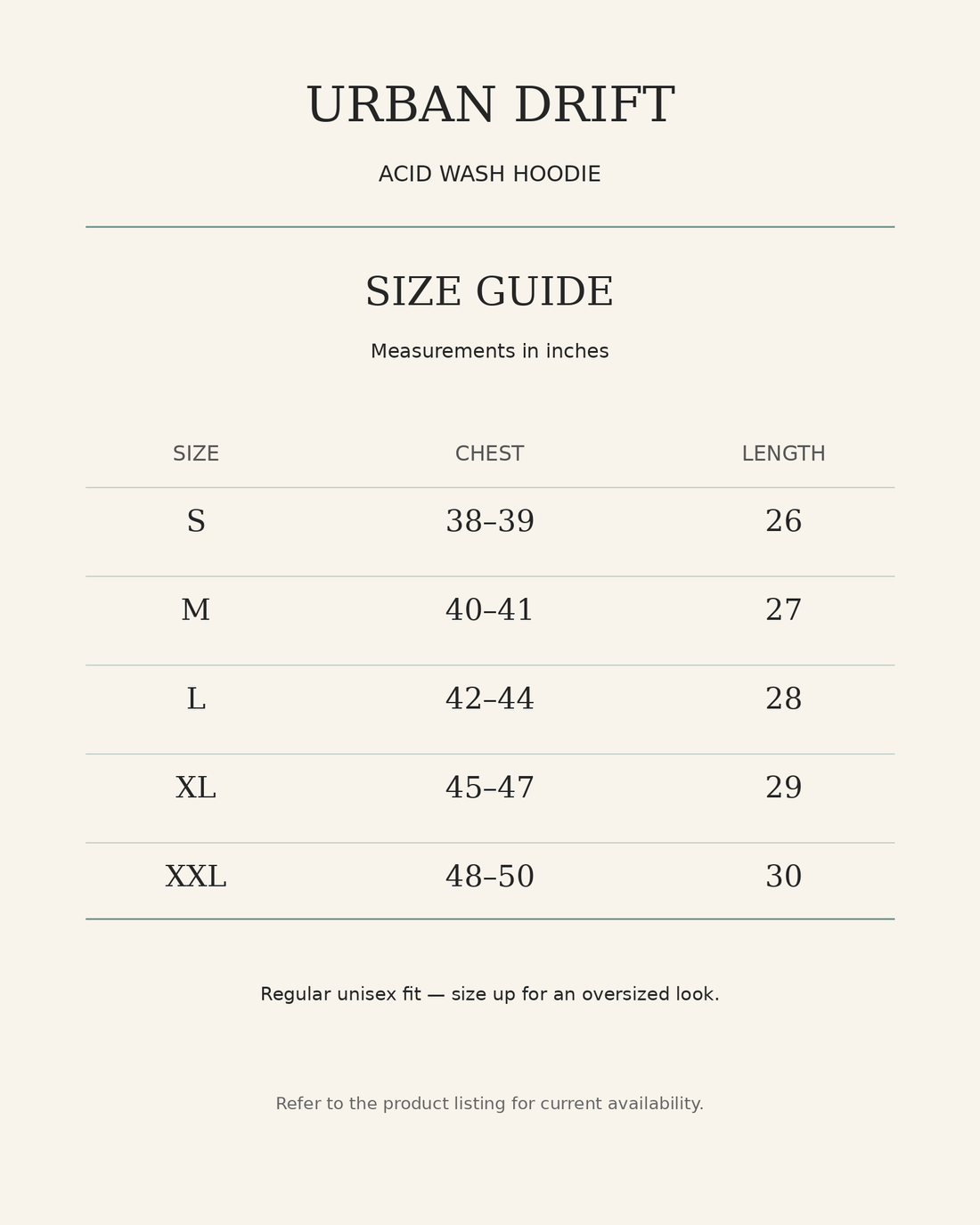 Urban Drift Hoodie — size guide in inches