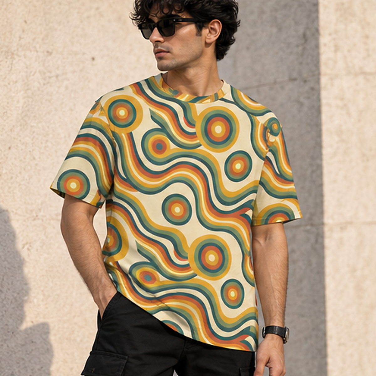 Vintage Swirl all-over print oversized T-shirt lifestyle front view