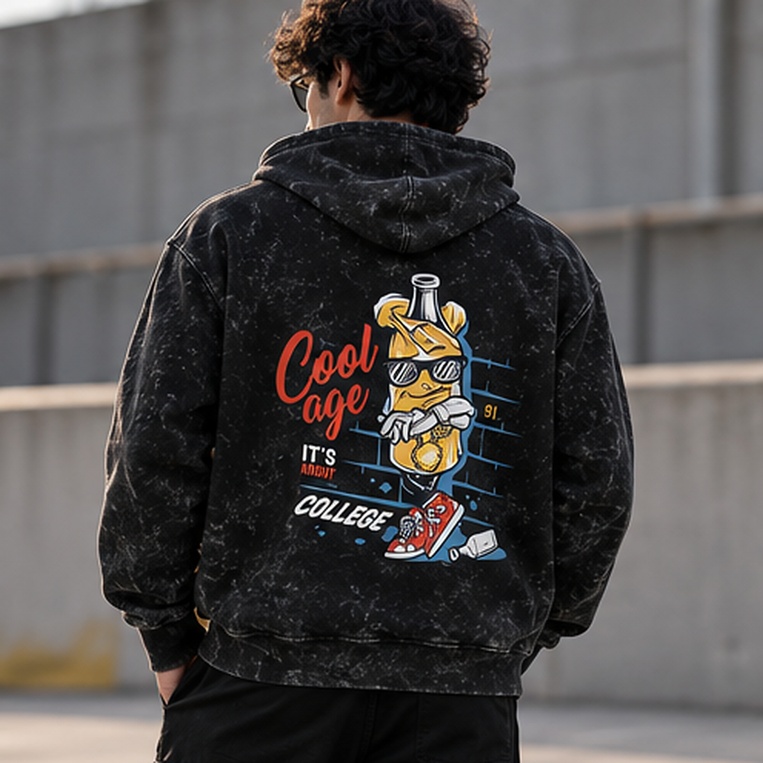 Washed Sin acid wash hoodie lifestyle back view with graphic