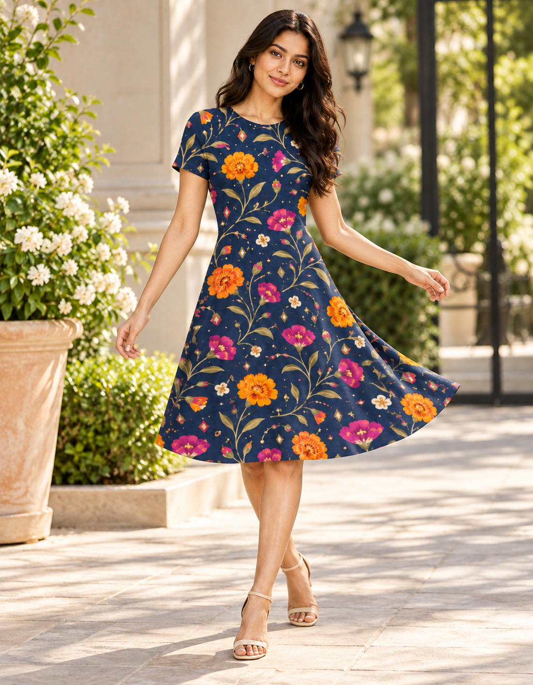 DSLR-style lifestyle photo of model wearing Wildflower Bloom A-Line Flare Dress