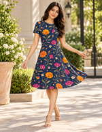 DSLR-style lifestyle photo of model wearing Wildflower Bloom A-Line Flare Dress