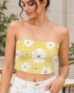 Yellow Tube Top for Women | White Flower Petal Print | Strapless Crop Top | Casual Summer Outfit — garment and print close-up