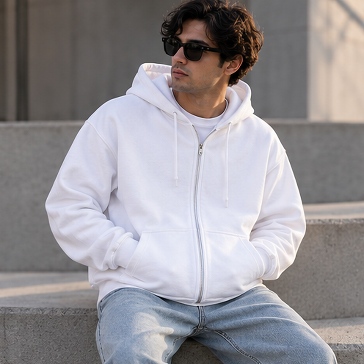 White unisex zip hoodie lifestyle front view
